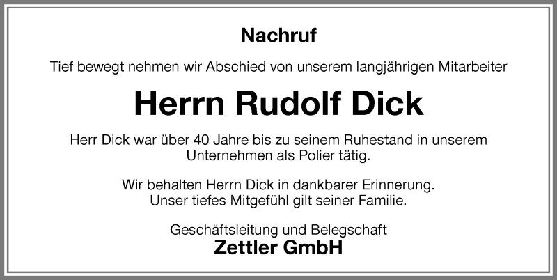 Traueranzeige von Rudolf Dick von Memminger Zeitung