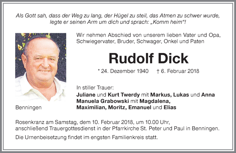 Traueranzeige von Rudolf Dick von Memminger Zeitung