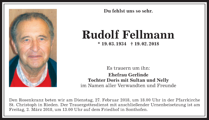 Traueranzeige von Rudolf Fellmann von Allgäuer Anzeigeblatt