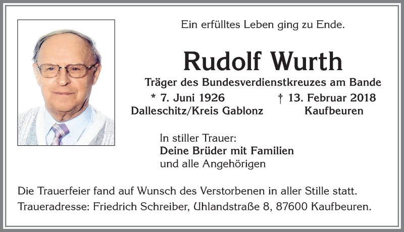 Traueranzeige von Rudolf Wurth von Allgäuer Zeitung, Kaufbeuren/Buchloe