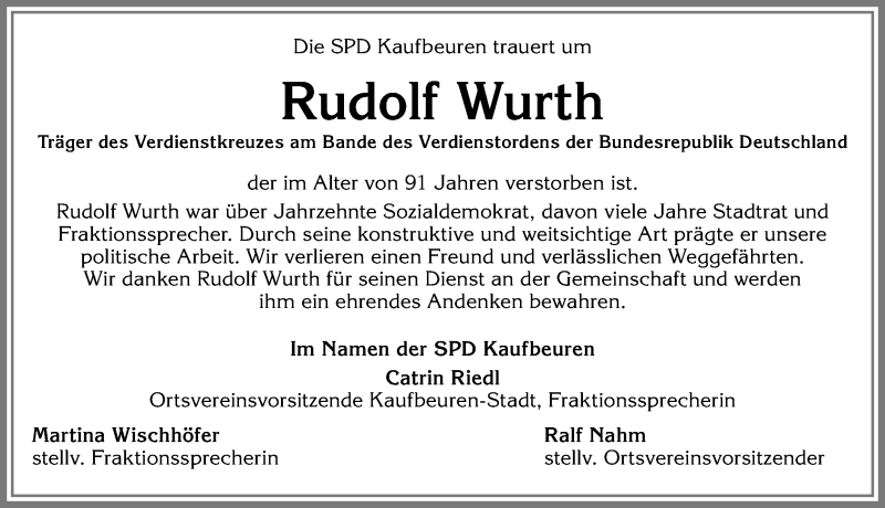 Traueranzeige von Rudolf Wurth von Allgäuer Zeitung, Kaufbeuren/Buchloe