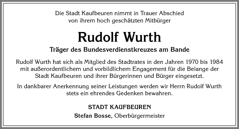 Traueranzeige von Rudolf Wurth von Allgäuer Zeitung, Kaufbeuren/Buchloe