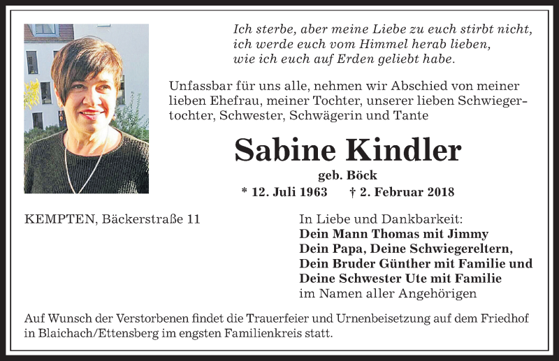 Traueranzeige von Sabine Kindler von Allgäuer Zeitung,Kempten