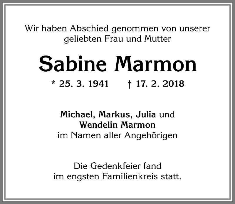 Traueranzeige von Sabine Marmon von Allgäuer Zeitung,Kempten