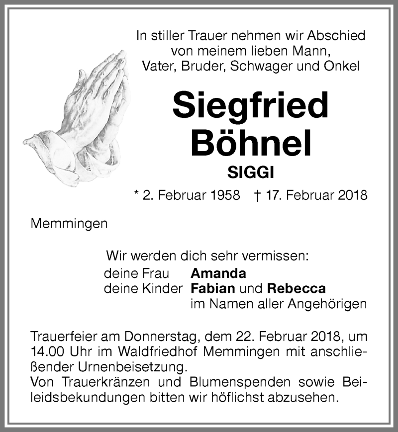 Traueranzeige von Siegfried Böhnel von Memminger Zeitung