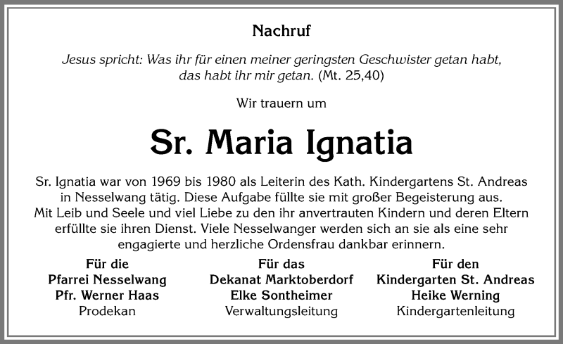 Traueranzeige von Sr. Maria Ignatia  von Allgäuer Zeitung, Füssen