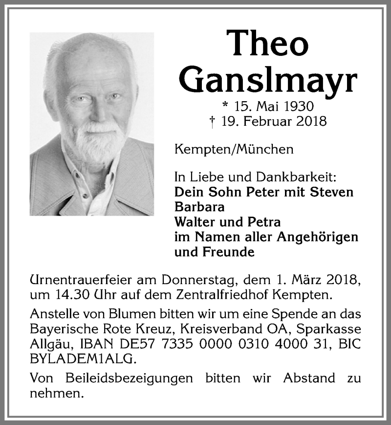 Traueranzeige von Theo Ganslmayr von Allgäuer Zeitung,Kempten