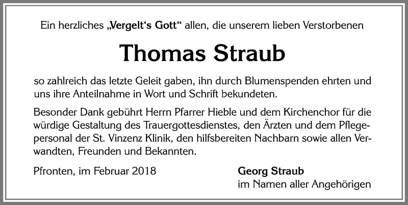 Traueranzeige von Thomas Straub von Allgäuer Zeitung, Füssen