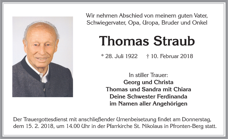 Traueranzeige von Thomas Straub von Allgäuer Zeitung, Füssen