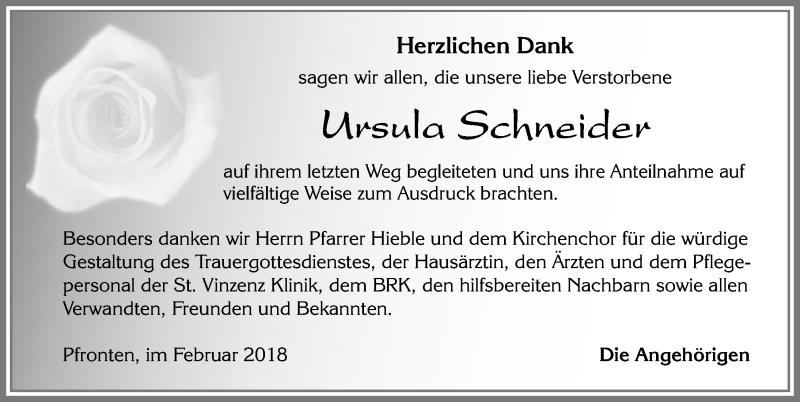 Traueranzeige von Ursula Schneider von Allgäuer Zeitung, Füssen