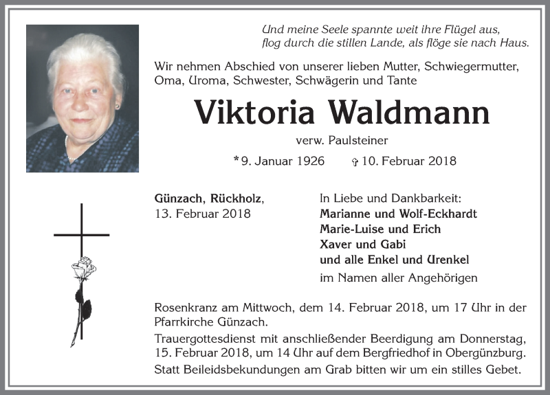 Traueranzeige von Viktoria Waldmann von Allgäuer Zeitung