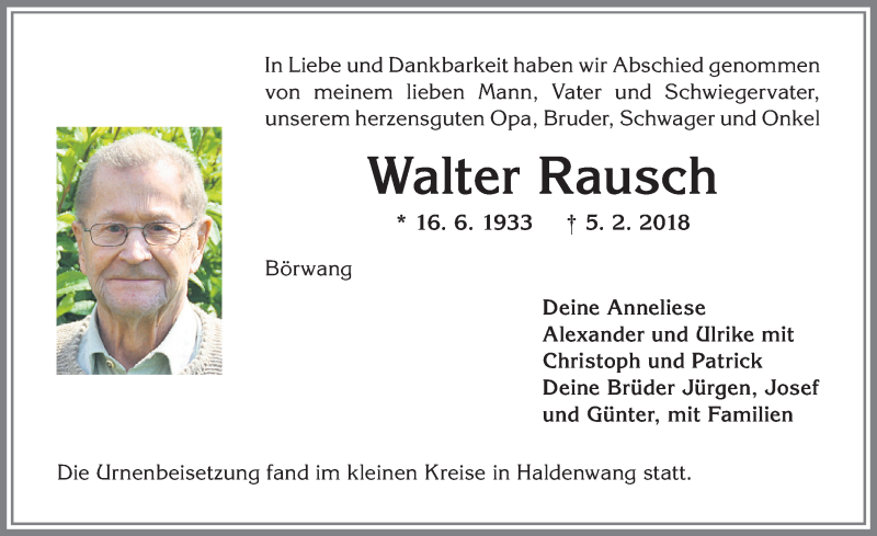 Traueranzeige von Walter Rausch von Allgäuer Zeitung,Kempten