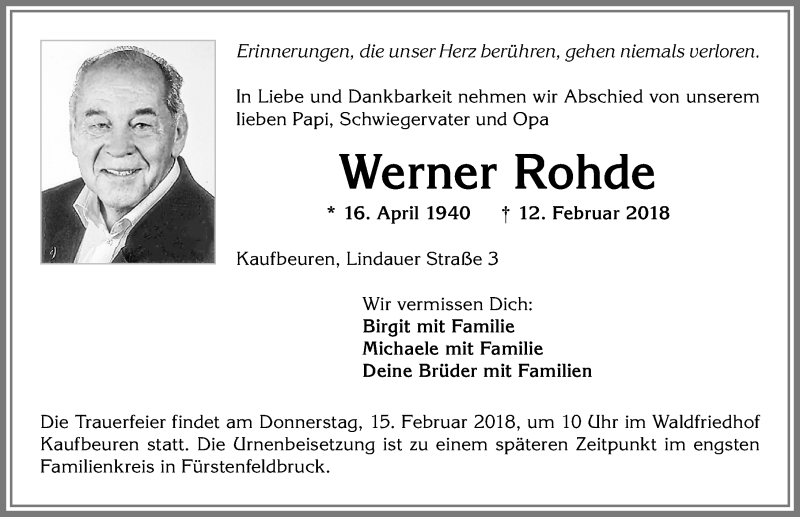 Traueranzeige von Werner Rohde von Allgäuer Zeitung, Kaufbeuren/Buchloe