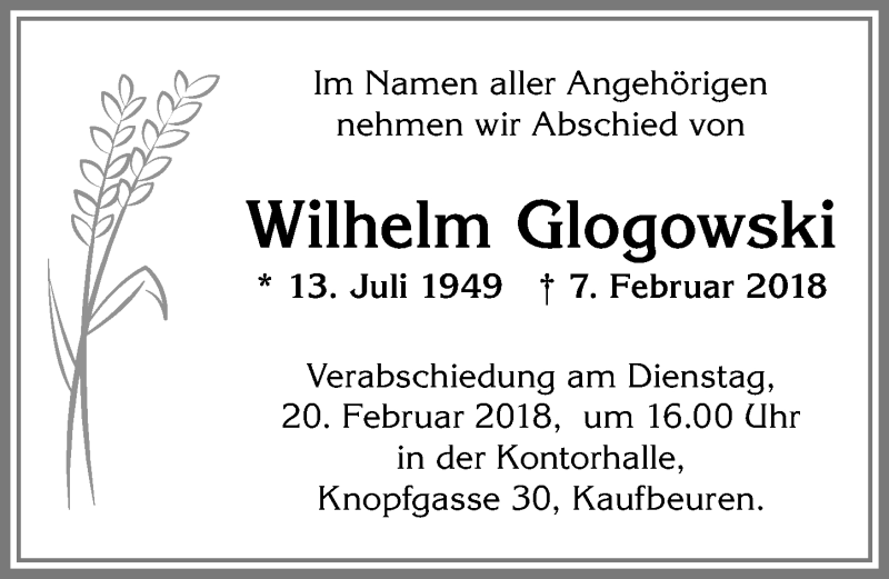 Traueranzeige von Wilhelm Glogowski von Allgäuer Zeitung