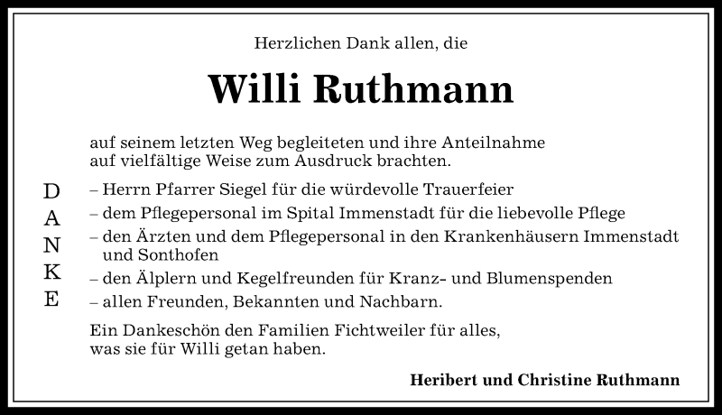 Traueranzeige von Willi Ruthmann von Allgäuer Anzeigeblatt