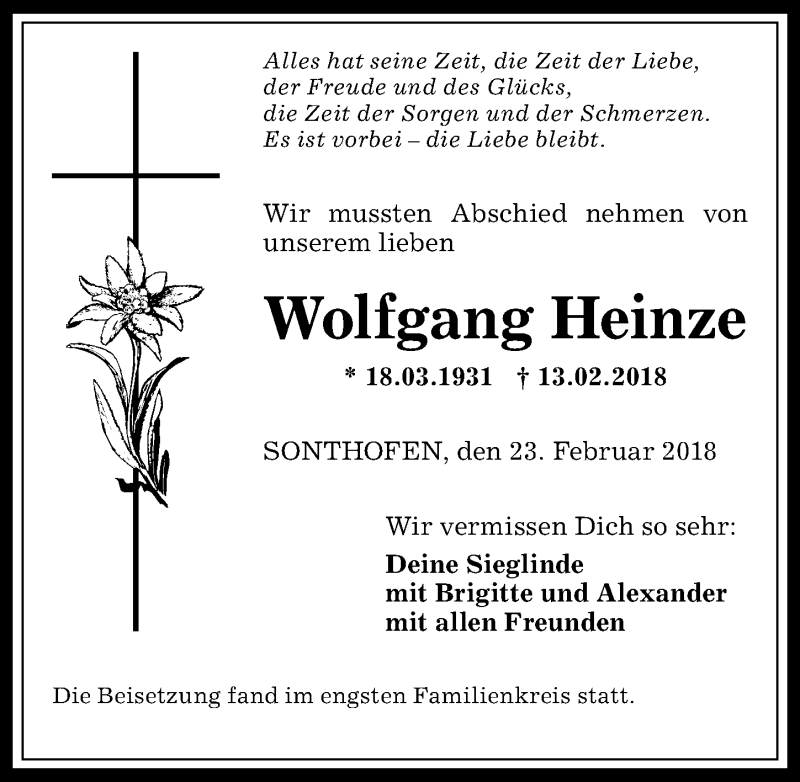 Traueranzeige von Wolfgang Heinze von Allgäuer Anzeigeblatt