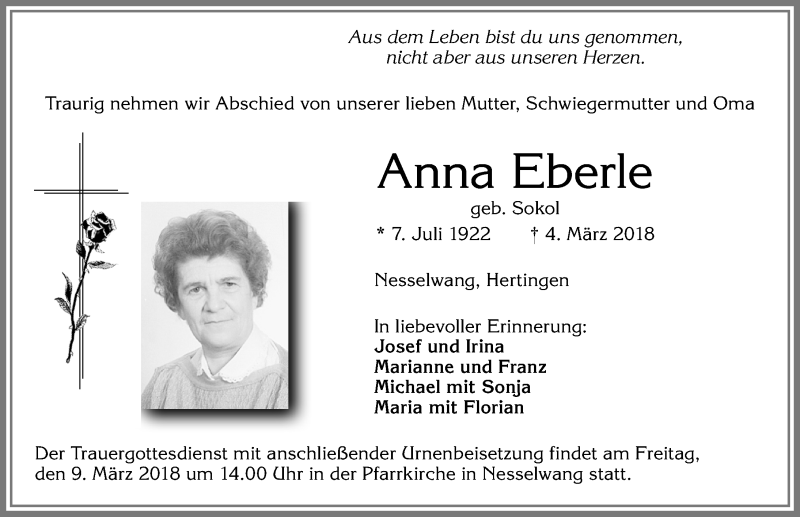 Traueranzeige von Anna Eberle von Allgäuer Zeitung, Füssen