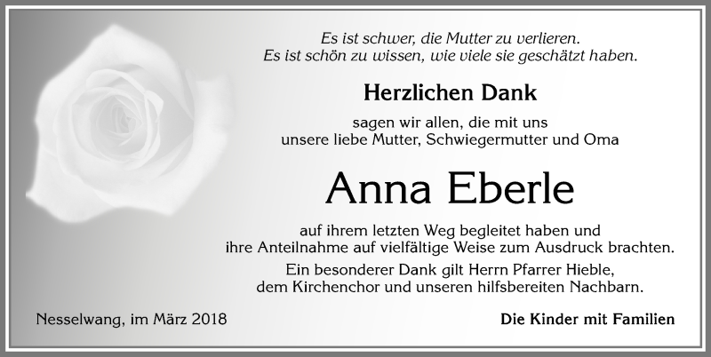 Traueranzeige von Anna Eberle von Allgäuer Zeitung, Füssen