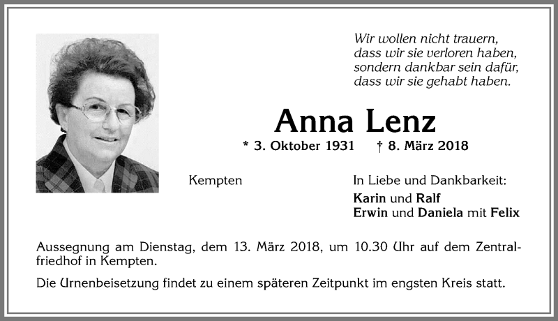 Traueranzeige von Anna Lenz von Allgäuer Zeitung,Kempten