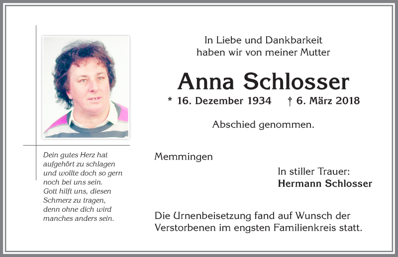 Traueranzeige von Anna Schlosser von Memminger Zeitung