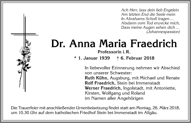 Traueranzeige von Anna Maria Fraedrich von Allgäuer Anzeigeblatt