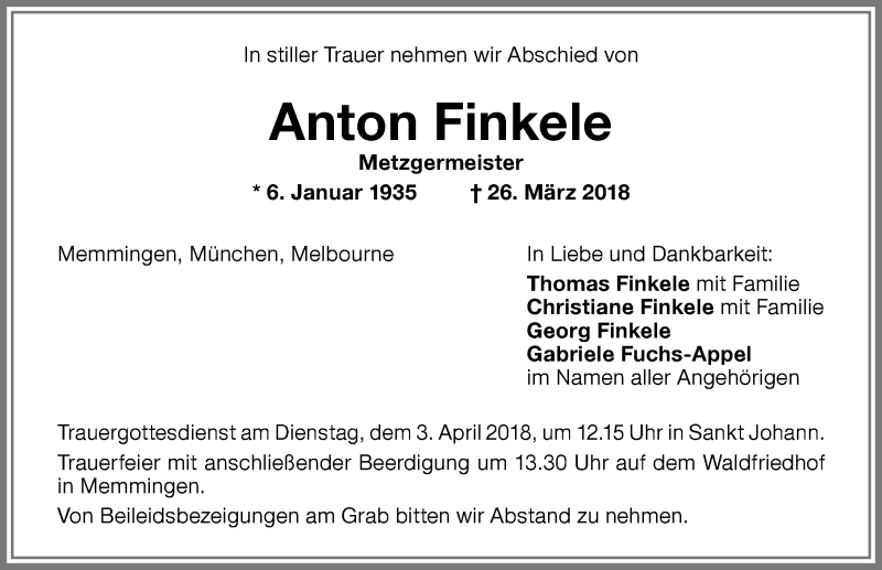 Traueranzeige von Anton Finkele von Memminger Zeitung