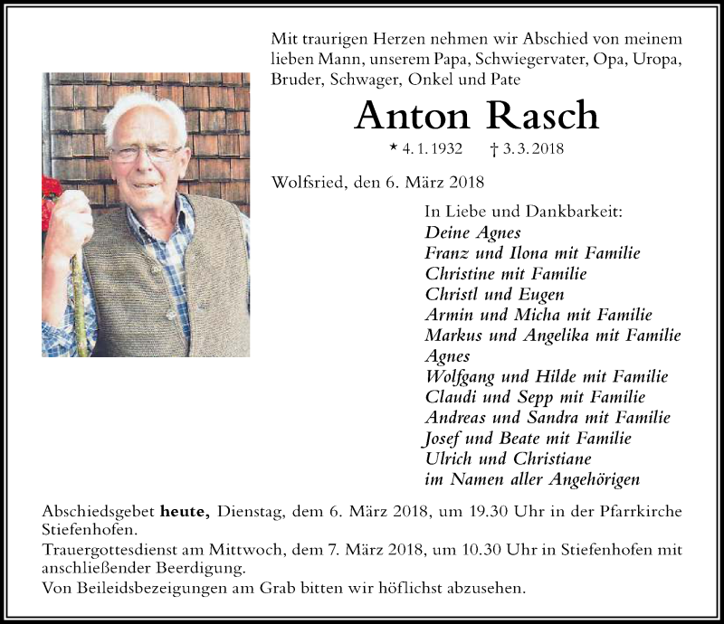 Traueranzeige von Anton Rasch von Der Westallgäuer