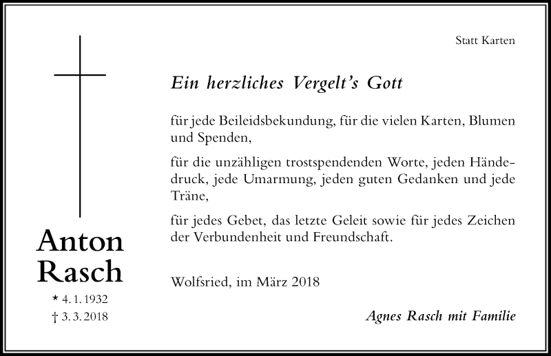 Traueranzeige von Anton Rasch von Der Westallgäuer