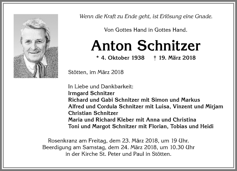 Traueranzeige von Anton Schnitzer von Allgäuer Zeitung, Marktoberdorf