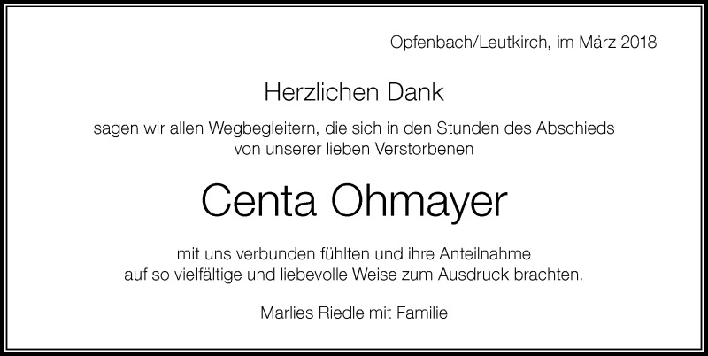 Traueranzeige von Centa Ohmayer von Der Westallgäuer