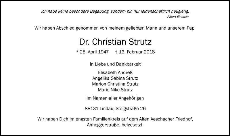 Traueranzeige von Christian Strutz von Der Westallgäuer