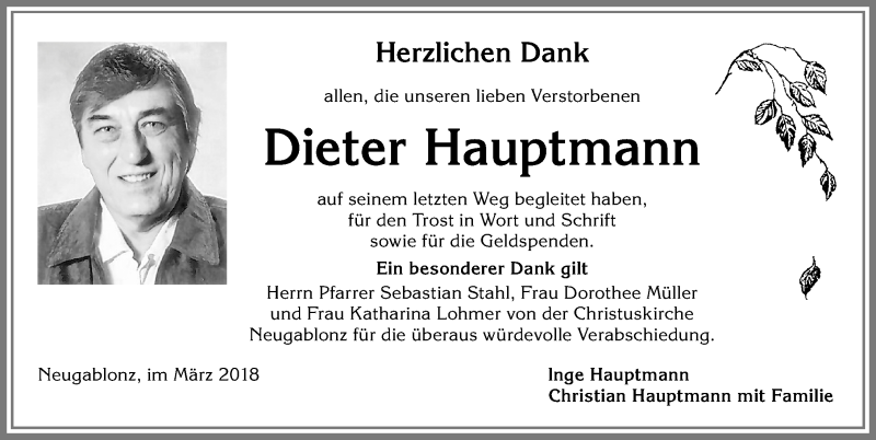 Traueranzeige von Dieter Hauptmann von Allgäuer Zeitung, Kaufbeuren/Buchloe