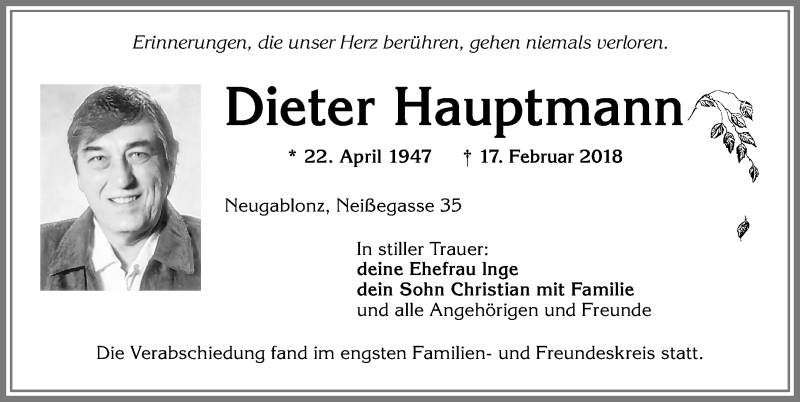 Traueranzeige von Dieter Hauptmann von Allgäuer Zeitung, Kaufbeuren/Buchloe