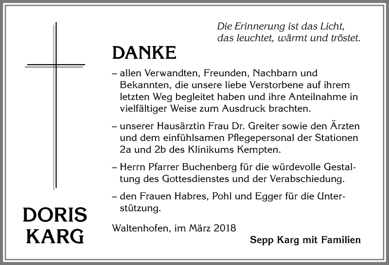 Traueranzeige von Doris Karg von Allgäuer Zeitung,Kempten