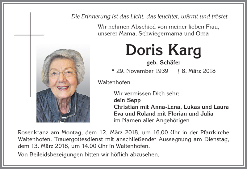 Traueranzeige von Doris Karg von Allgäuer Zeitung,Kempten