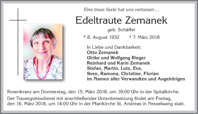 Traueranzeige von Edeltraute Zemanek von Allgäuer Zeitung, Füssen