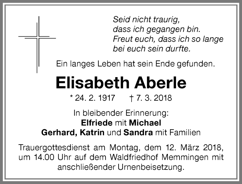 Traueranzeige von Elisabeth Aberle von Memminger Zeitung