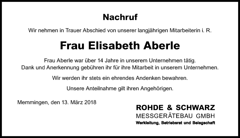 Traueranzeige von Elisabeth Aberle von Memminger Zeitung