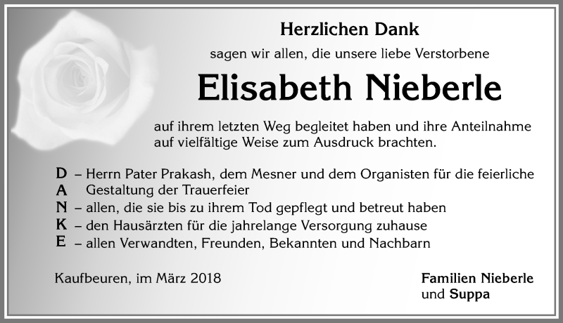 Traueranzeige von Elisabeth Nieberle von Allgäuer Zeitung, Kaufbeuren/Buchloe