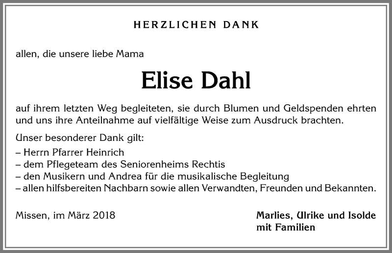 Traueranzeige von Elise Dahl von Allgäuer Anzeigeblatt