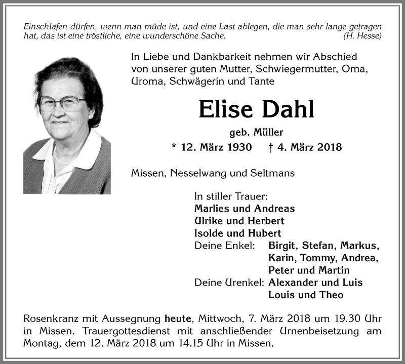 Traueranzeige von Elise Dahl von Allgäuer Anzeigeblatt