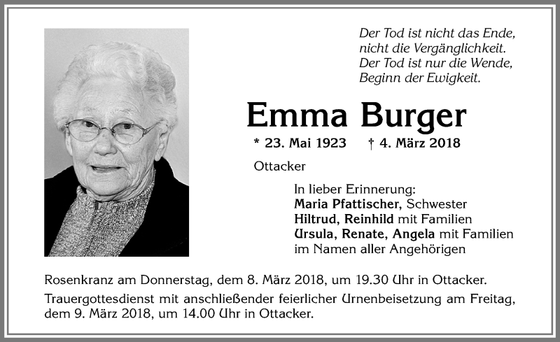 Traueranzeige von Emma Burger von Allgäuer Zeitung,Kempten