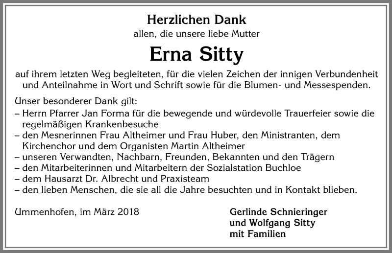 Traueranzeige von Erna Sitty von Allgäuer Zeitung, Kaufbeuren/Buchloe