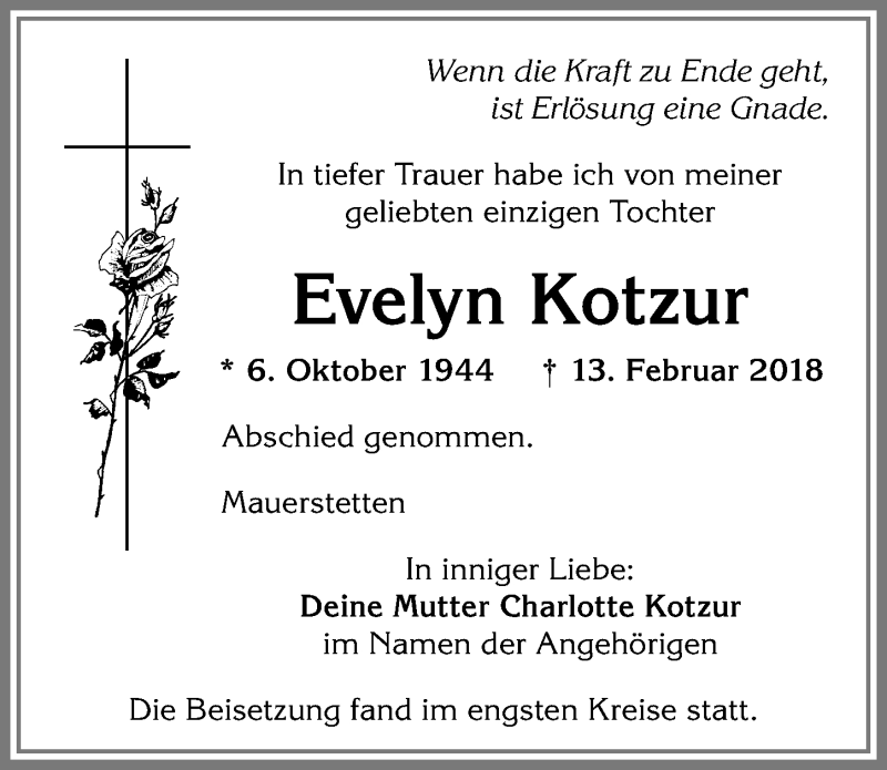 Traueranzeige von Evelyn Kotzur von Allgäuer Zeitung, Kaufbeuren/Buchloe