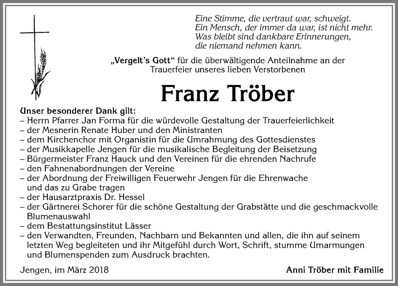 Traueranzeige von Franz Tröber von Allgäuer Zeitung, Kaufbeuren/Buchloe