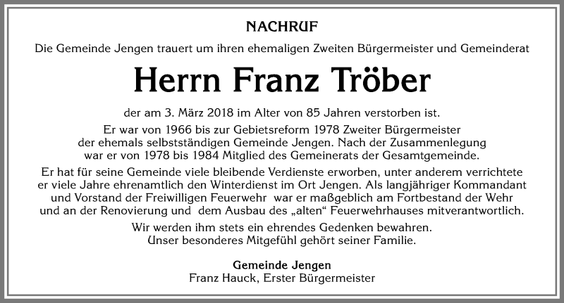 Traueranzeige von Franz Tröber von Allgäuer Zeitung, Kaufbeuren/Buchloe