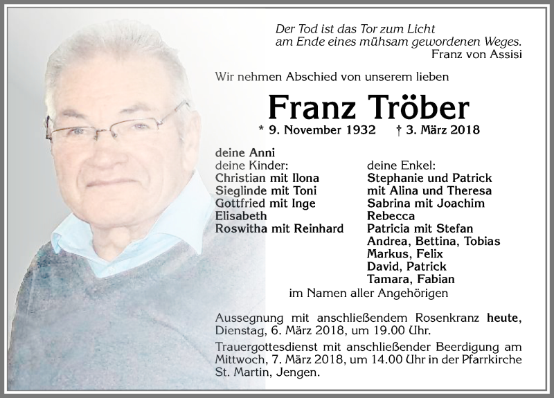 Traueranzeige von Franz Tröber von Allgäuer Zeitung, Kaufbeuren/Buchloe