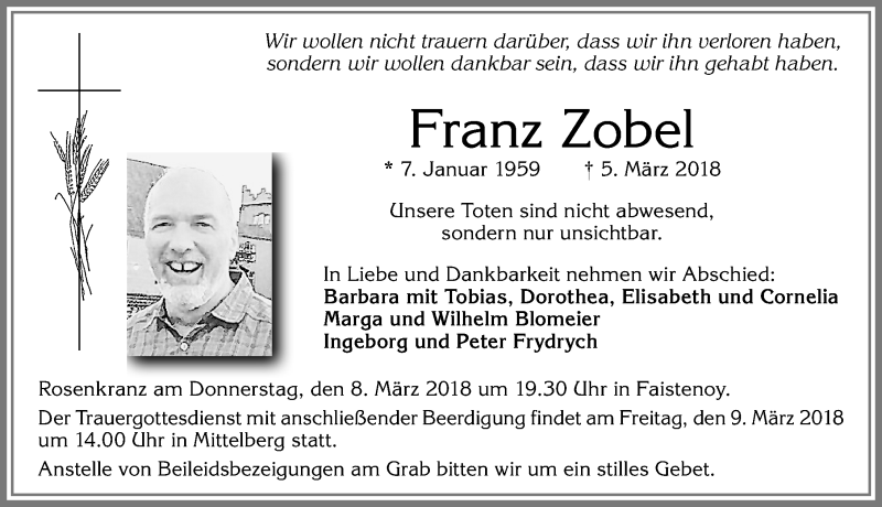 Traueranzeige von Franz Zobel von Allgäuer Anzeigeblatt