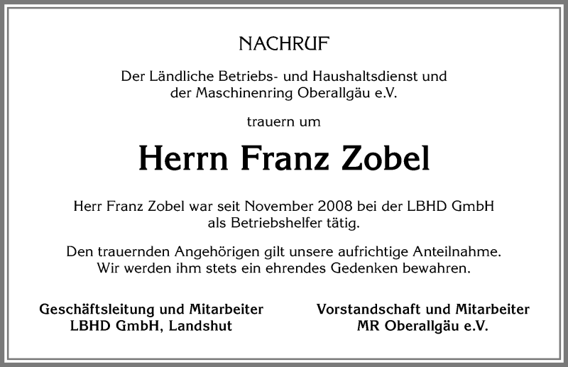 Traueranzeige von Franz Zobel von Allgäuer Zeitung