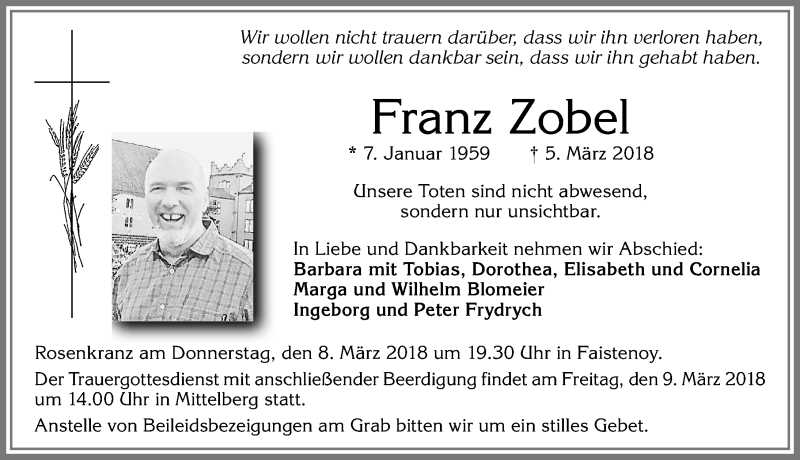 Traueranzeige von Franz Zobel von Allgäuer Zeitung,Kempten